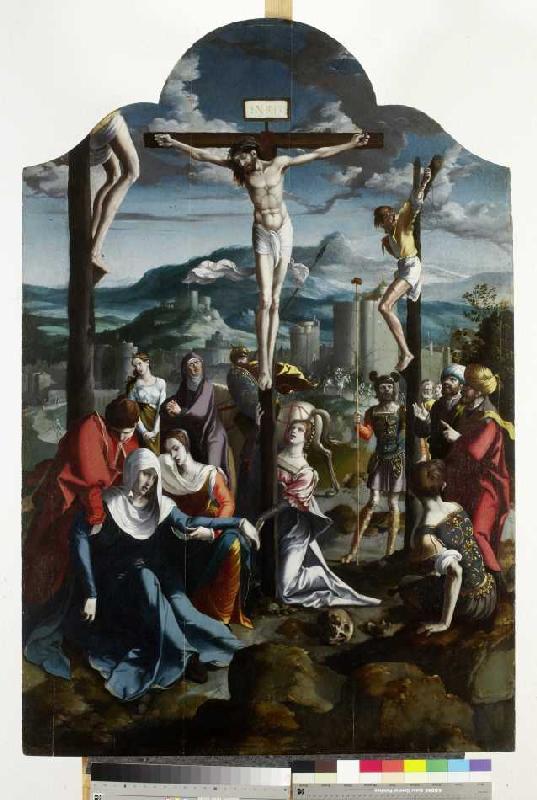 Triptychon mit der Kreuzigung Christi, Heiligen und Stifterfamilie. Mitteltafel: Kreuzigung Christi. from Wojciech Styka
